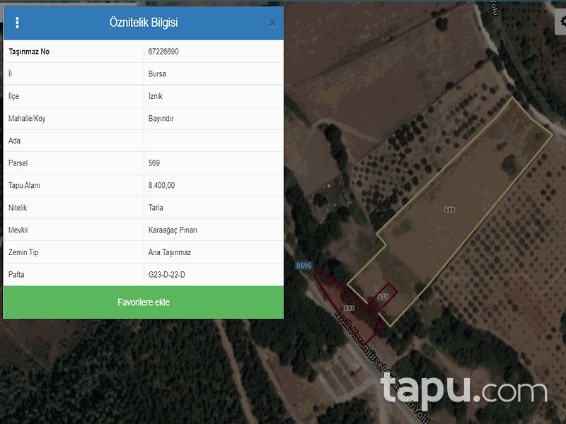 Bursa İznik Bayındır Mahallesi'nde 9621 m2 3 Adet Tarla