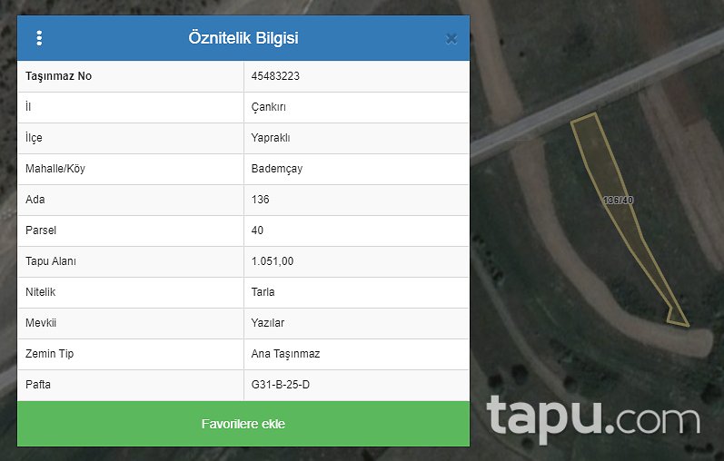 Çankırı Yapraklı Bademçay Mahallesi'nde Yola Cepheli Tarıma Elverişli 1051 m2 Tarla