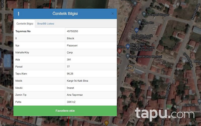 Bilecik Pazaryeri'nde Kagir İki katlı 197 m2 Bina