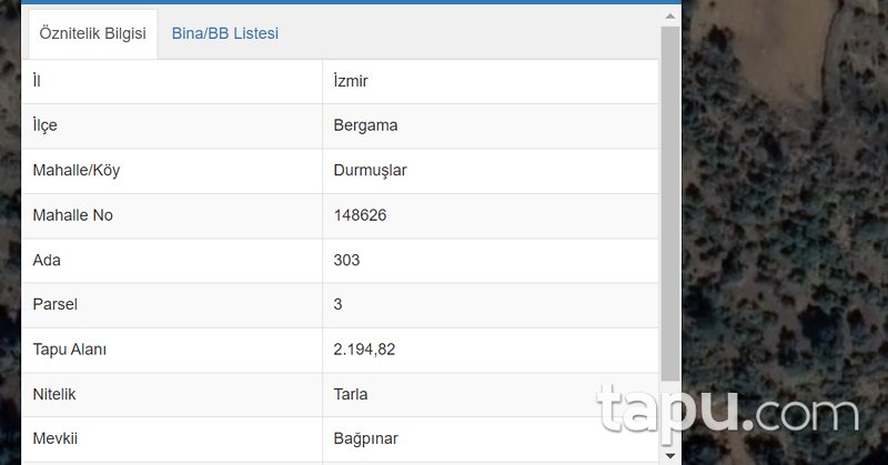 İzmir Bergama Durmuşlar Mahallesi'nde Tarla